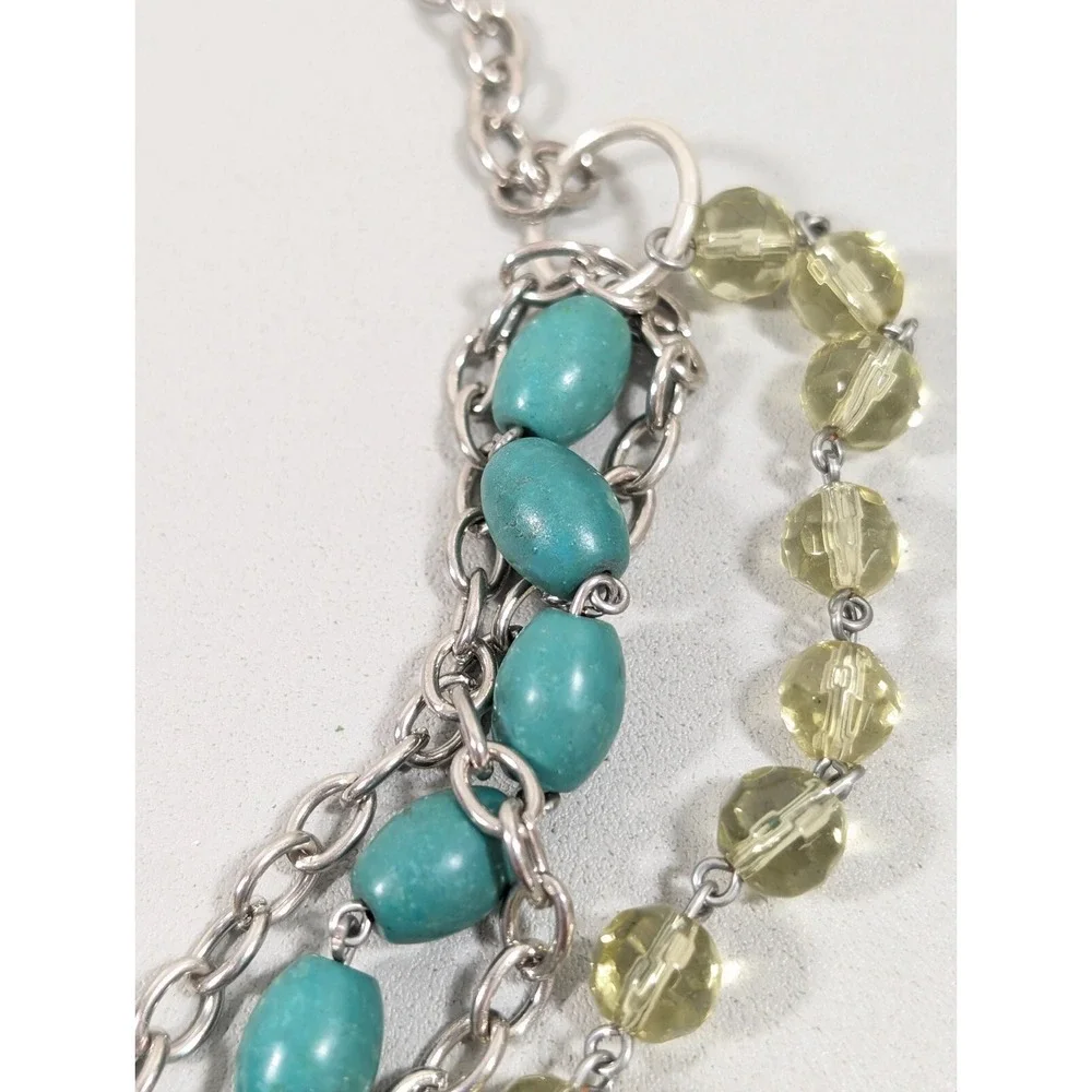 Beachy Coastal Green‎ Glass Stone Bead Layer Silver Tone Chain Necklace 19 in